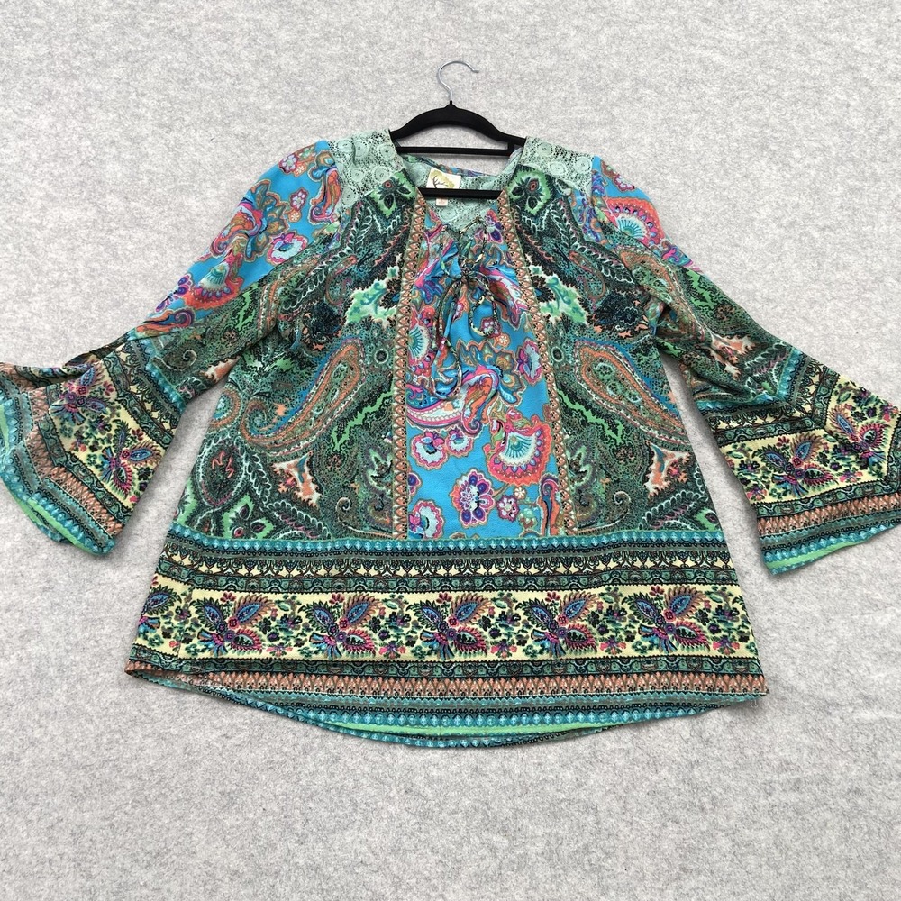 Fig And Flower Blouse Womens L Multicolor Paisley Bell 3/4 Sleeve Tunic Top